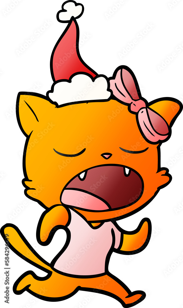gradient cartoon of a yawning cat wearing santa hat gradient cartoon of a yawning cat wearing santa hat