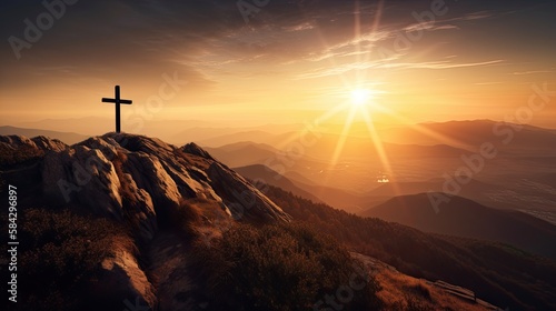 A Cross of Faith Upon a Mountain Peak at Sunset: A Symbol of Christian Religion. Generative AI