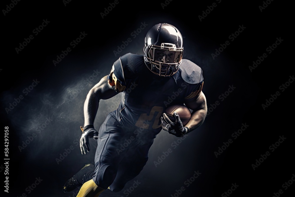 American Football Player: Symbol of Power, Team, and US Culture Running on Dark Background Illuminated by Lights: Generative AI