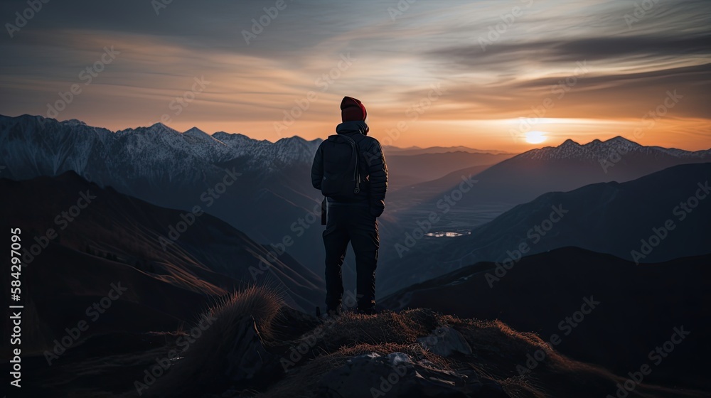 Dusk Adventure: Silhouetted Mountain Hiker at the Range, Witnessing the Volumetric Lighting of Nature's Scenery: Generative AI