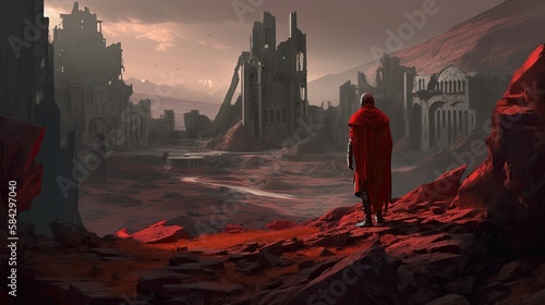 An Epic Adventure Begins: Digital Illustration of Man in Red Robe Gazing at Ruins of Fantasy Land. Generative AI