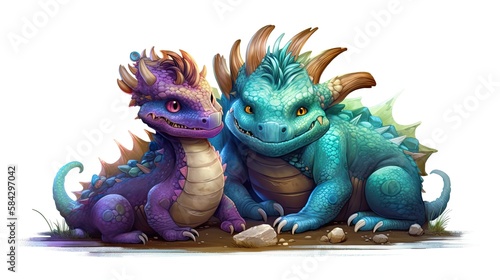 Cute and Fluffy Two Dragons Chilling Out  An Animated Dragon Character Art Cartoon Illustration  Generative AI