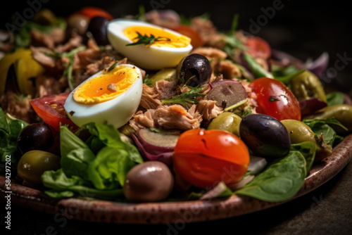 Salade Niçoise, Salade composée de produits frais de saison présentée dans un plat sur une table dans la cuisine
