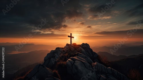 The Cross of Faith Reaching Heaven at Sunset: A Christian Religion Symbol on a Mountain Peak: Generative AI