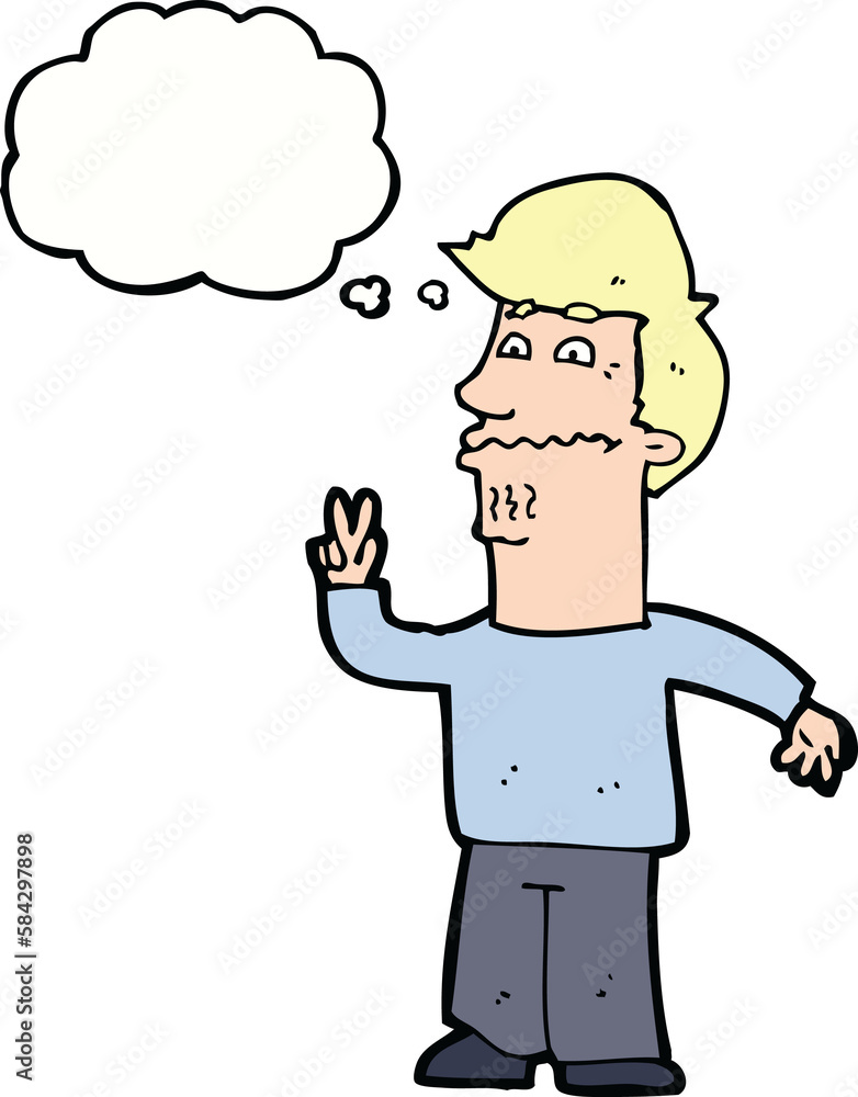 cartoon man giving peace sign with thought bubble cartoon man giving peace sign with thought bubble