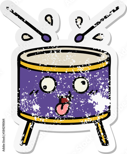 distressed sticker of a cute cartoon drum photo