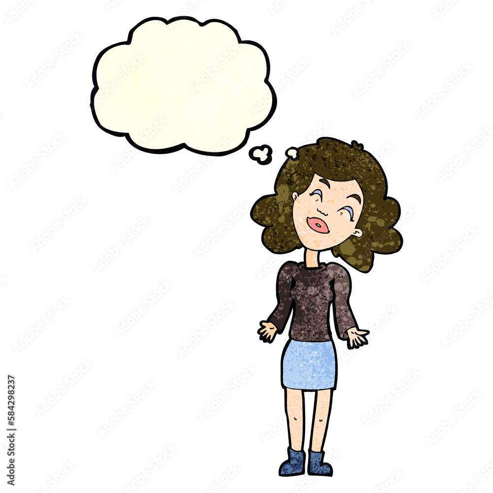 cartoon woman shrugging shoulders with thought bubble cartoon woman shrugging shoulders with thought bubble