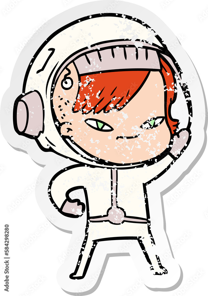 distressed sticker of a cartoon astronaut woman distressed sticker of a cartoon astronaut woman