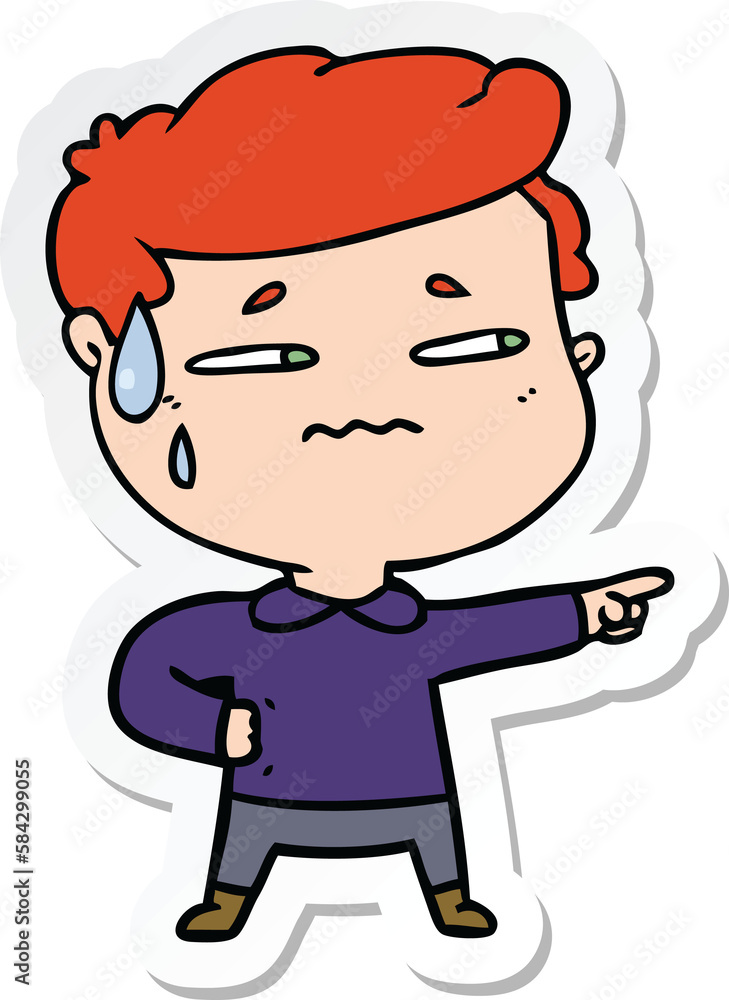 sticker of a cartoon anxious man pointing