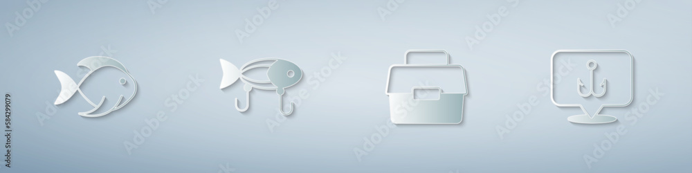 Set Fish, Fishing lure, Case or box for fishing and hook. Paper art style. Vector Set Fish, Fishing lure, Case or box for fishing and hook. Paper art style. Vector