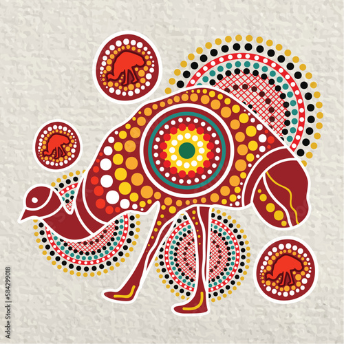 Colorful Emu artwork with aboriginal dot art style