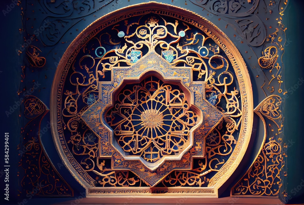 Islamic decoration pattern interior background. Art and decorative concept. Digital art fantasy illustration. Generative AI