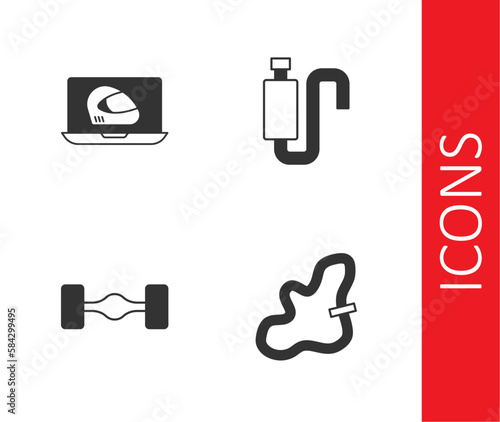 Set Racing track, helmet, Chassis car and Car muffler icon. Vector