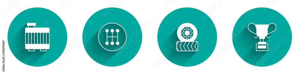 Set Car radiator cooling system, Gear shifter, tire wheel and Award cup icon with long shadow. Vector Set Car radiator cooling system, Gear shifter, tire wheel and Award cup icon with long shadow. Vector