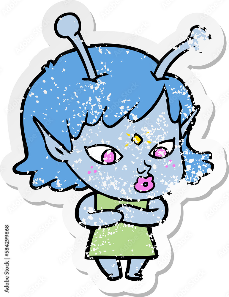 distressed sticker of a pretty cartoon alien girl distressed sticker of a pretty cartoon alien girl