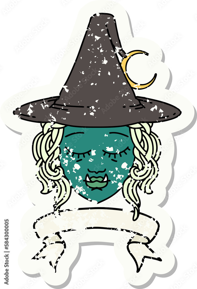 half orc witch character face with banner illustration