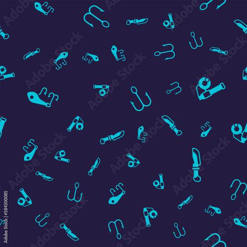 Set Fishing lure, rod, hook and Knife on seamless pattern. Vector