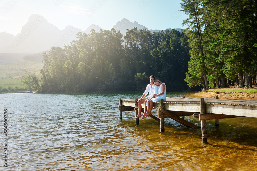Love, relax and pier with couple at lake for bonding, romance and affectionate date. Nature, travel and holiday with man and woman cuddling on boardwalk in countryside for happy, summer and vacation Love, relax and pier with couple at lake for bonding, romance and affectionate date. Nature, travel and holiday with man and woman cuddling on boardwalk in countryside for happy, summer and vacation
