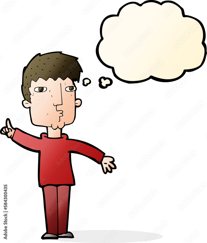 cartoon man raising point with thought bubble