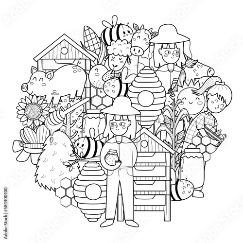 Bee and beekeeper circle shape coloring page. Doodle mandala with farm characters for coloring book. Outline background. Vector illustration