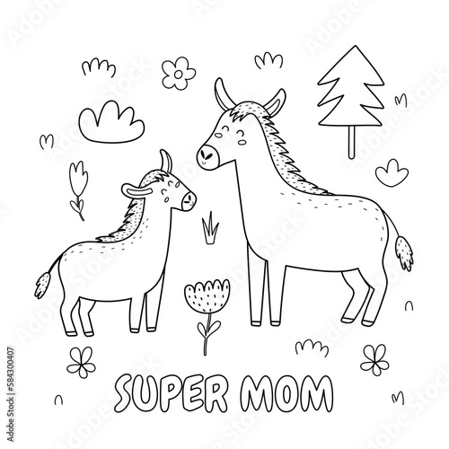 Super Mom black and white print with a cute mother donkey and her baby foal. Funny animals family coloring page for Mother’s Day. Vector illustration