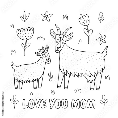 Love you Mom black and white print with a cute mother goat and her baby kid. Funny animals family coloring page for Mother’s Day. Vector illustration