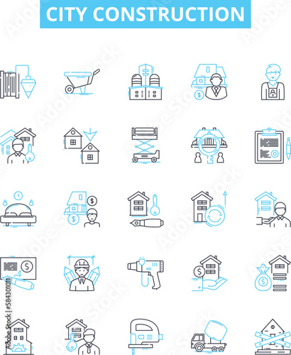 City construction vector line icons set. Urbanization, architecture, infrastructure, building, redevelopment, planning, growth illustration outline concept symbols and signs