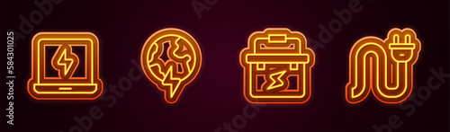 Set line Laptop, Global planet with thunderbolt, Toolbox electrician and Electric plug. Glowing neon icon. Vector