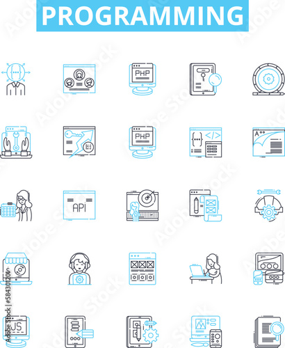 Programming vector line icons set. Programming, coding, scripting, coding language, algorithm, debugging, software illustration outline concept symbols and signs