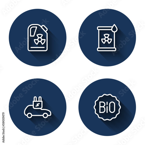 Set line Radioactive waste in barrel, Electric car and Banner for bio with long shadow. Blue circle button. Vector