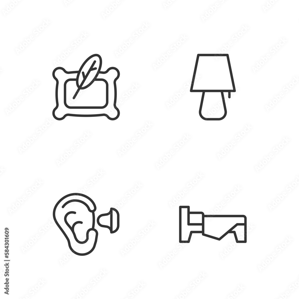 Set line Bed, Earplugs and ear, Pillow and Table lamp icon. Vector Set line Bed, Earplugs and ear, Pillow and Table lamp icon. Vector