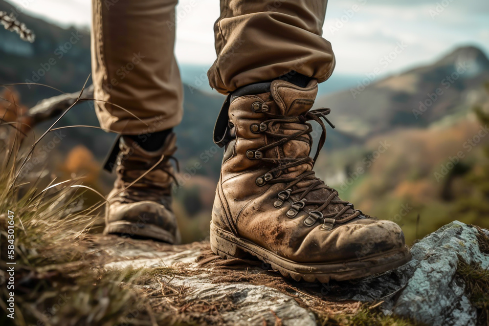 Cloe up of mountains boots of a hiker in mountain, active healthy lifestyle adventure journey generative ai Cloe up of mountains boots of a hiker in mountain, active healthy lifestyle adventure journey generative ai