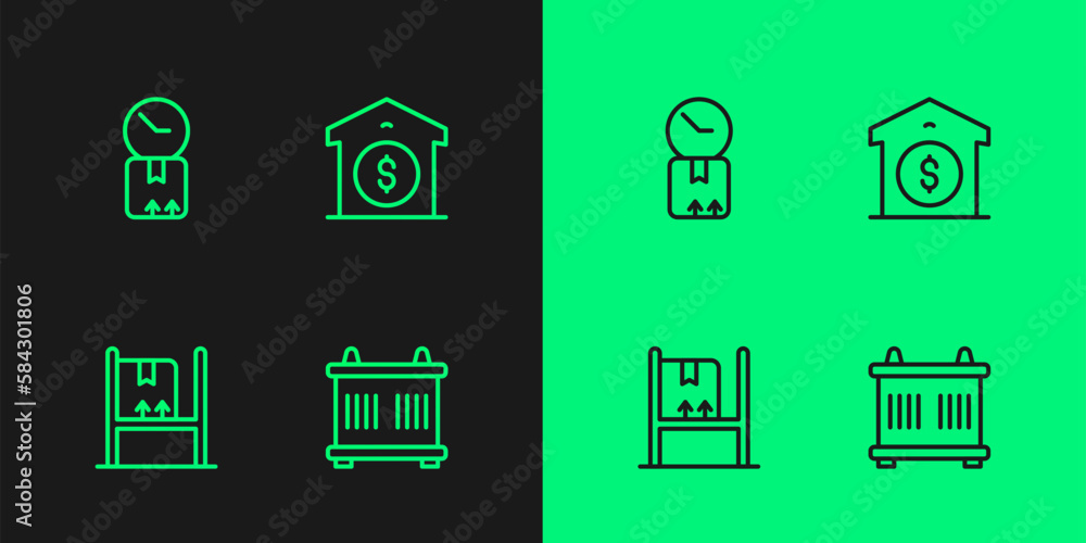 Set line Container, Warehouse interior with boxes, Cardboard clock and price icon. Vector Set line Container, Warehouse interior with boxes, Cardboard clock and price icon. Vector