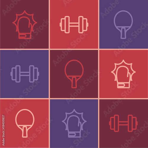 Set line Punch in boxing gloves, Racket and Dumbbell icon. Vector