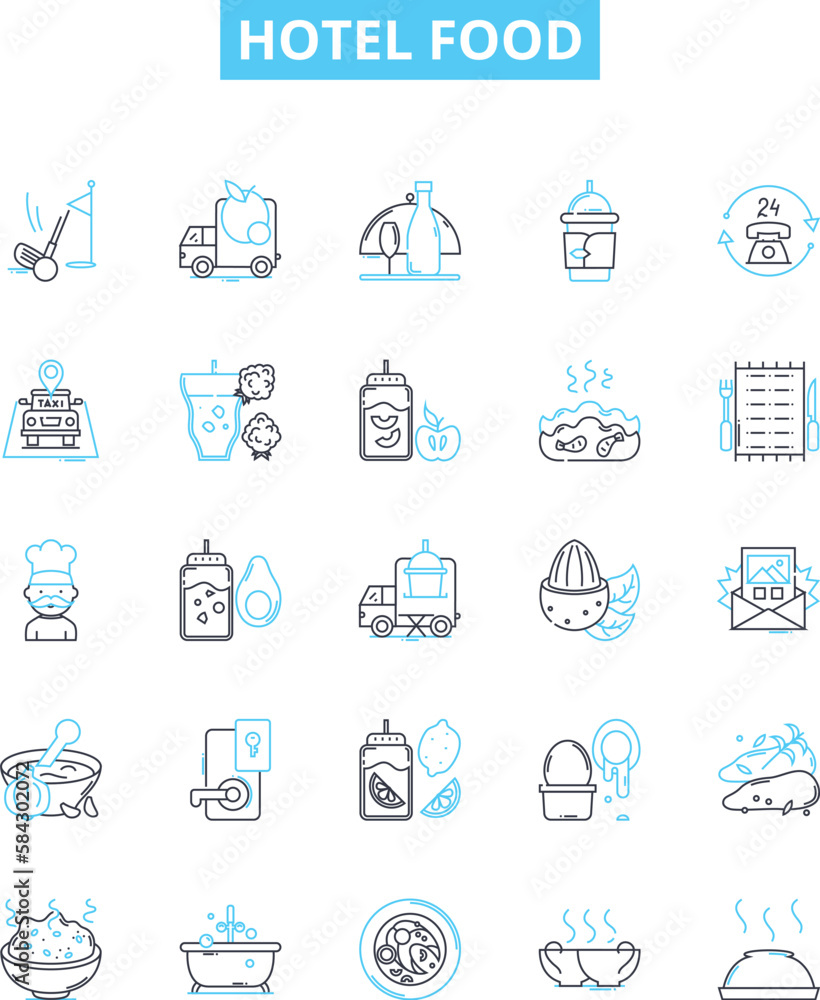 Hotel food vector line icons set. Hotel, Food, Cuisine, Menu, Dining, Restaurant, Buffet illustration outline concept symbols and signs Hotel food vector line icons set. Hotel, Food, Cuisine, Menu, Dining, Restaurant, Buffet illustration outline concept symbols and signs