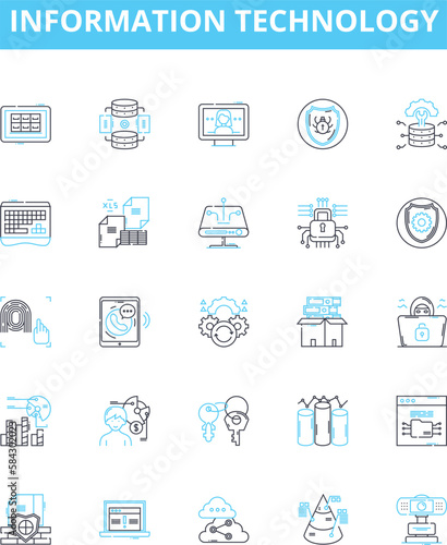 Information technology vector line icons set. IT, Computers, Software, Networking, Data, Security, Automation illustration outline concept symbols and signs