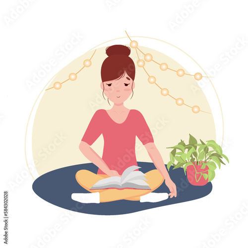 Flat vector illustration, sticker of a girl who reads a book sitting on the floor in a cozy room.