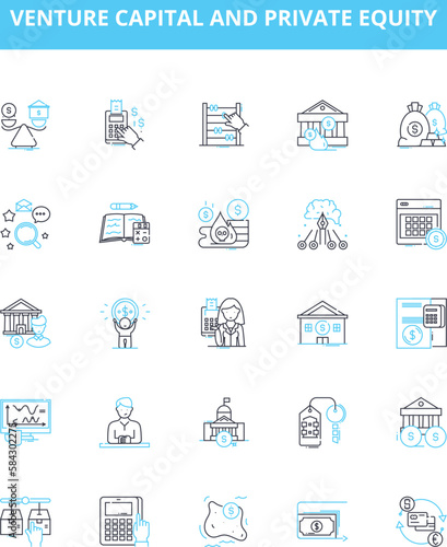 Venture capital and private equity vector line icons set. Venture, Capital, Private, Equity, Investing, Financing, Investors illustration outline concept symbols and signs