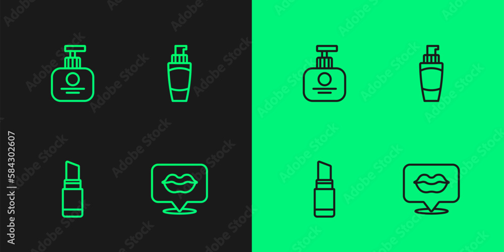 Set line Smiling lips, Lipstick, Tube of hand cream and icon. Vector Set line Smiling lips, Lipstick, Tube of hand cream and icon. Vector