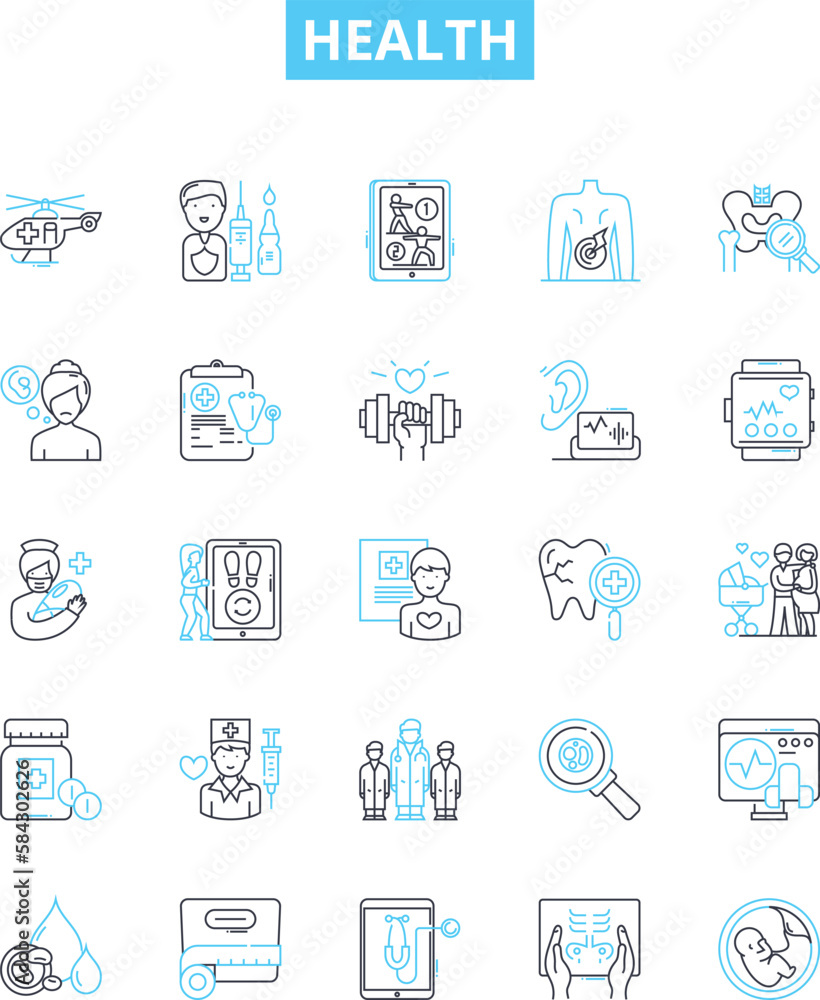 Health vector line icons set. Fitness, Wellness, Exercise, Nutrition, Diet, Medicine, Disease illustration outline concept symbols and signs