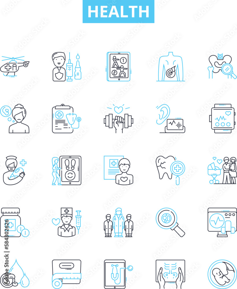 Health vector line icons set. Fitness, Wellness, Exercise, Nutrition, Diet, Medicine, Disease illustration outline concept symbols and signs Health vector line icons set. Fitness, Wellness, Exercise, Nutrition, Diet, Medicine, Disease illustration outline concept symbols and signs
