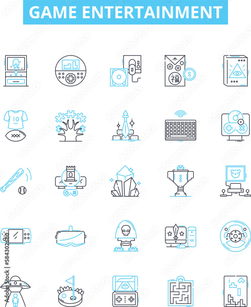 Game entertainment vector line icons set. Gaming, Entertainment, Computer, Video, Console, Online, Adventure illustration outline concept symbols and signs Game entertainment vector line icons set. Gaming, Entertainment, Computer, Video, Console, Online, Adventure illustration outline concept symbols and signs
