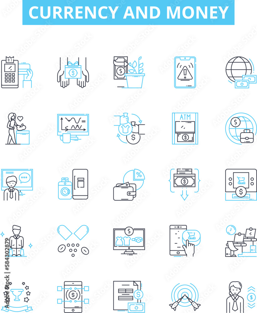 Currency and money vector line icons set. Currency, Money, Forex, Exchange, Banking, Loans, Investment illustration outline concept symbols and signs Currency and money vector line icons set. Currency, Money, Forex, Exchange, Banking, Loans, Investment illustration outline concept symbols and signs