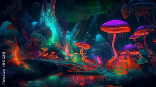 AI Generated Art of Magic illustrations of Mushrooms and magic planets © alhaitham