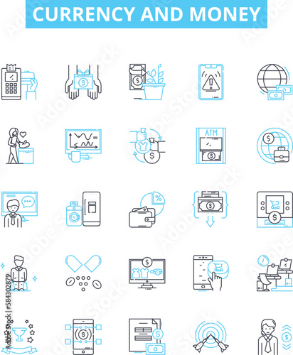 Currency and money vector line icons set. Currency, Money, Forex, Exchange, Banking, Loans, Investment illustration outline concept symbols and signs