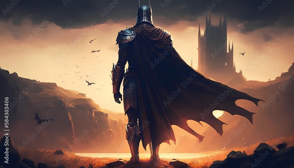 Dark fantasy knight in shining armor, cape, sword, castle, sunrise, digital art, artistic. Generative AI.