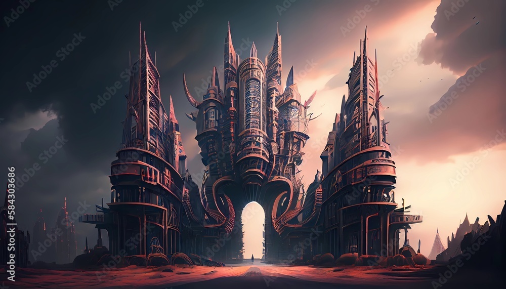 Naklejka premium Medieval fortress. Large ancient, Middle Ages castle in the sunlight. Cinematic castle fort with a historic town. Generative AI. 
