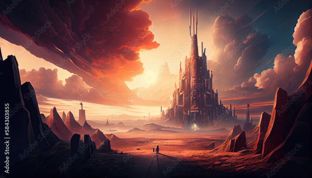 Dark souls castle, anor londo landscape, dark souls, dark fantasy, realistic, detailed, dawn, anor londo cityscape. Generative AI.