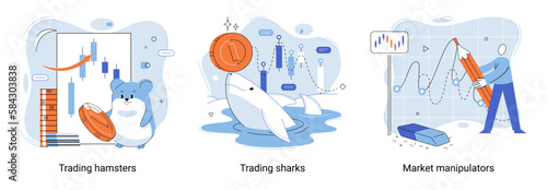 Stock market manipulation concepts set, change business graph indicator, influence crypto currency price for benefit or profit. Character analyzing stock market data to control financial graphic chart
