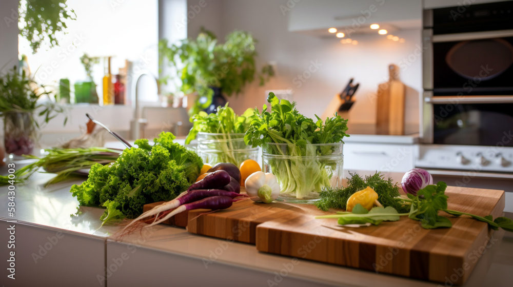 A brightly lit kitchen with a fresh spring mood, featuring a colorful array of fresh produce and herbs from a micro garden, Created with generative Ai Technology. 
